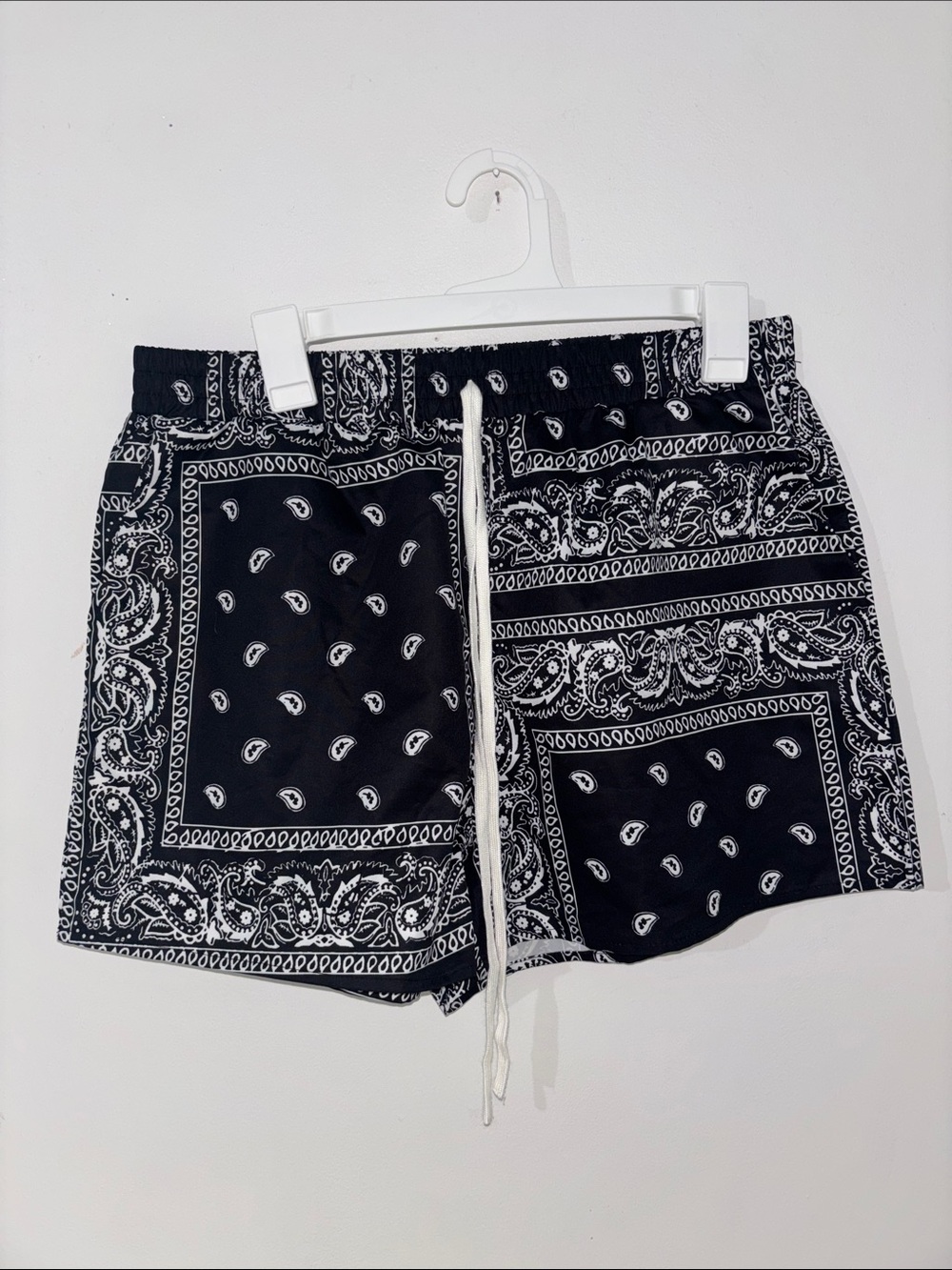 SHEIN Black Bandana-Print Drawstring Swim Trunks